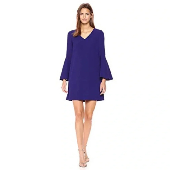 Tahari ASL Blue Purple Bell Sleeve V-Neck Shift Dress size 6 - Picture 1 of 14